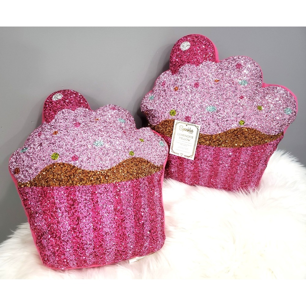 LOT 2 Sparkles Home Pink Cupcake Shaped Beaded Throw Pillow Dessert Sweet Candy